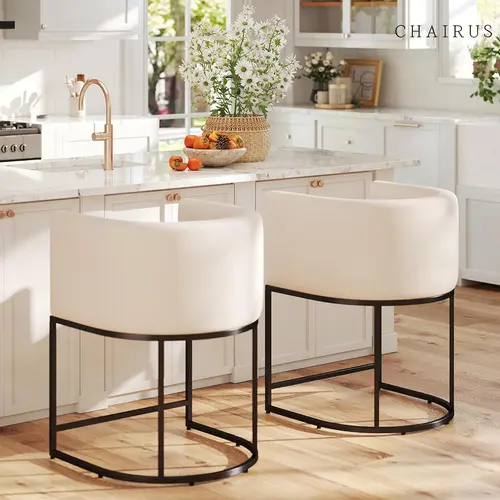 CHAIRUS 24-Inch Counter Height Sitting Chairs, Modern Barrel-Style Linen Fabric Barstools with Backrest, Armrest, Footrest & Black Metal Frame, Furniture for Kitchen Island, Apartment Furniture