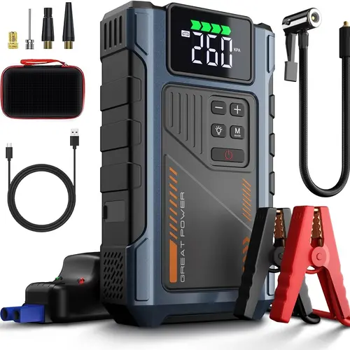 Geeneu Multi-Function Compact Car Tool Kit - 3000A Peak Current 12V Portable Jump Starter, 150PSI Max Air Pump, 1.3kg Portable Charger, 10 Safety Features (For Up to 8.0L Gas Engines, Jump/Start/Pump Capabilities)