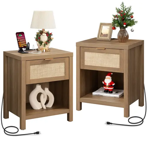 SICOTAS 2-Piece Modern Boho Farmhouse Rattan Weave Rectangle Bedside Tables Set - Engineered Wood Panels, 15"x19.7"x25.2", Drawer+Shelf, Charging Station with 1 USB Port, 1 Type-C Port, 2 Power Outlets, Assembly-Required Screws for Small Bedrooms