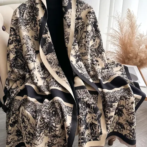 Women's Boho Style Plants Print Double Sided Shawl, Casual Trendy Scarf for Fall & Winter, Fashion Accessories for Daily Wear