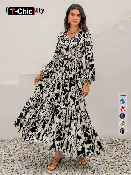 Women's Boho Bohemian Floral Print Lantern Sleeve Dress, Fitted Waist Tie Design, Loose Fit Comfortable Casual Long Sleeve Dress for Fall Winter