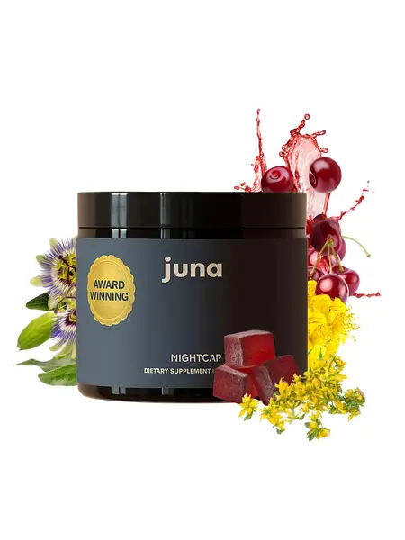 Juna Nightcap Sleep Gummies - Sugar-Free (0g Sugar) Natural Healthy Sleep Dietary Supplement with Low-Dose Melatonin, Tart Cherry, GABA, Magnesium, Chamomile, Passionflower, Non-Habit Forming, Award-Winning
