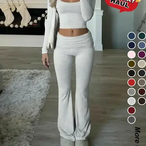 Women's Solid Color Square Neck Long Sleeve Crop Tee & Flare Leg Pants Two-Piece Set, Basic Casual Everyday Set Fashion Cozy Two Piece Outfits for Daily Outdoor Wear,Airport Outfit, Cropped Top, Womenswear, Clothes, Bottoms