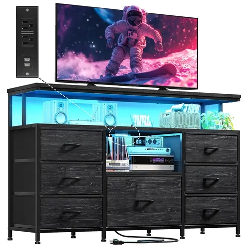 Raybee Sturdy LED TV Stand with Charging Station & AC Outlets - 7 Fabric Drawers, Wooden Shelves, Iron Build, Large Drawer, LED Nightstand, TV Console Table for 55" Living Room Indoor Furniture