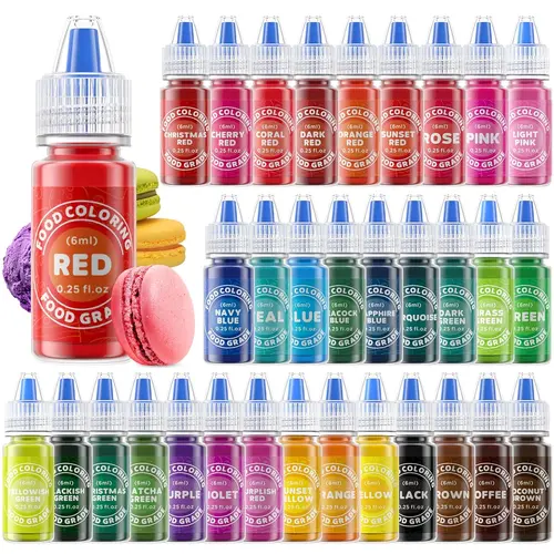 Nata Bake Cream Edible Liquid Food Coloring Set - 33x0.25oz Glycerin-Based Dyes (Blue,Yellow,Red,Matcha Green,Fruits), Gluten-Free, Vegetarian, Sugar-Free, Ambient for Baked Snacks, Cookies Storage