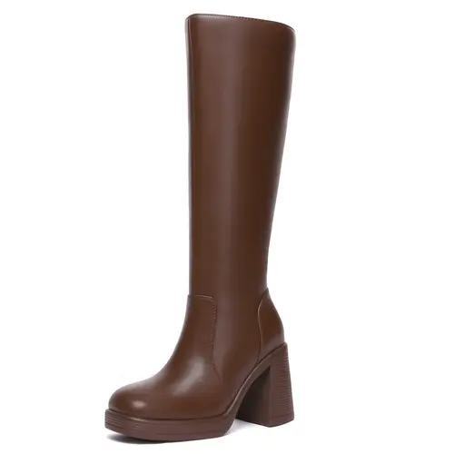 Athlefit Women's PU Leather Platform Boots - 3.15-inch Chunky Heel, Square Toe, Side Zipper, Comfortable Sole, Stylish Fashion Booties