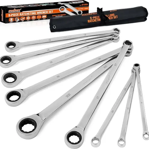 HORUSDY 9-Piece Extra Long CR-V Steel Metric Combination Ratchet Wrenches Set (8-19mm) - Heavy Duty 72-tooth Quick Turn Hex Combination Wrench with Tool Bag (TikTokShopBlackFriday)