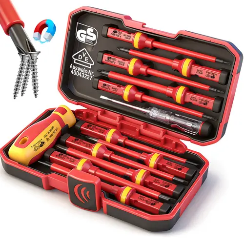 SEDY 1000V Rated Insulated Electrician Tools Kit Set - VDE & GS Certified Chrome Steel Magnetized Tips Screwdriver Set with Replaceable Bits, 1 Electroprobe, Safety Insulated Handle