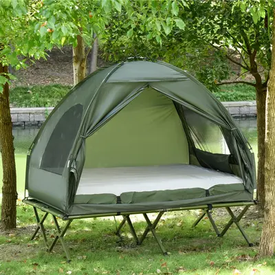 #Summervibes Outsunny Single & Double Person Foldable Camping Cot with Tent, Bedspread, Thick Air Mattress, 4-In-1 Elevated Camping Bed for Outdoor Hiking, Picnic, Travel,summerwins