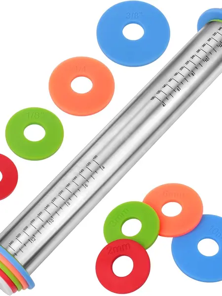 Adjustable Rolling Pin with Thickness Rings for Baking, Stainless Steel Designs Dough for Cookie  Baking Supplies Cake Baker Utensils Bakeware