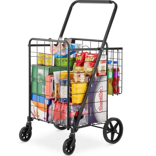 【toolupgrade】VEVOR Foldable Compact Utility Cart Trolley - Collapsible Wagon with 2 Front+Back Baskets, 4 Durable 360° Swivel Wheels, Antirust & Anti-Scratch Coating, 110 LBS Capacity, 17.4''x14.4''x21.7'' 3 cu.ft Space for Home Improvement, Camping