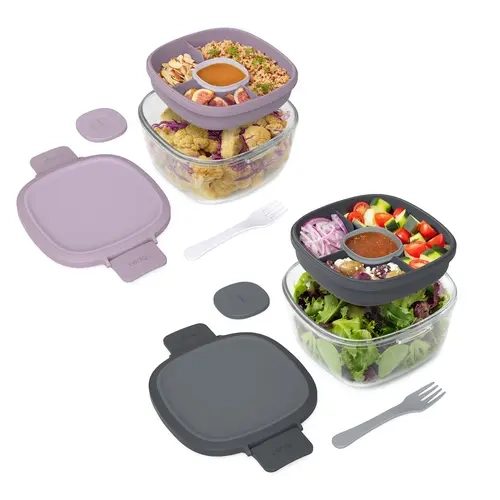 Bentgo Glass Salad Container Set(2-Pack) - Reusable Plastic Lid with Utensils, Airtight Design for Versatile Use in Kitchen