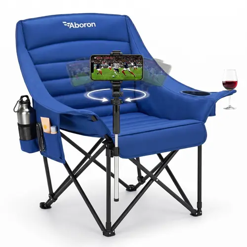 ABORON Oversize Fabric Folding Camping Chair - 500lb Capacity, 360° Phone Holder, 2 Cup Holders (Steady Hold), Side Pockets, Carry Bag, Full Lounging Support, Extra Thick, Light & Compact, Unisex for Family Adventures, Instant Outdoor Movie Night