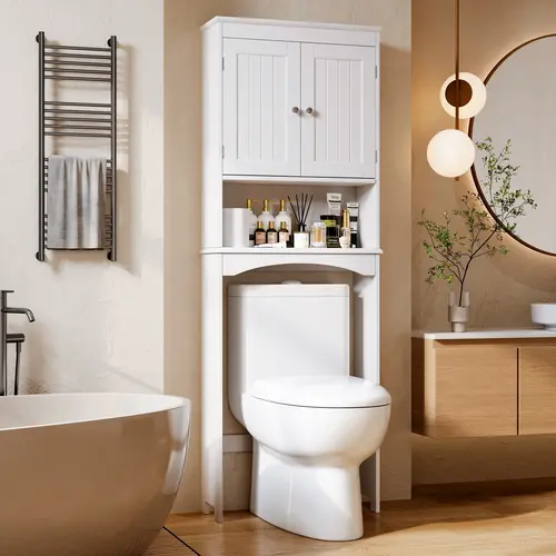 Gizoon Sturdy Contemporary Over-the-Toilet Wooden Storage Cabinet - 32.3" Shelf Fit, Double Doors, Free-Standing, Adjustable, Anti-Tip Fittings, Bathroom Accessories, Shelves, Holds TP/Towels/Candles, Apartment Furniture Rack, Fits Most Toilets