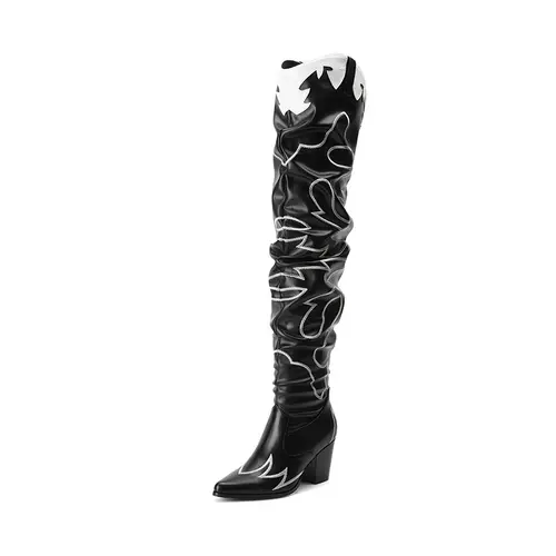 Dream Pairs Women's Slouched Western Embroidered Vegan Leather Pointed Toe Block High Heel Thigh High Boots - Footwear with Embroidered Shaft, Synthetic Upper, TPR Sole - for Country Concert, Rodeo Outfit - Cowboy Aesthetic, Cowgirl Stuff