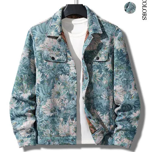 Men's Jacket Shirt Coat, Autumn Winter Fashion Embroidered Casual Top, Long Sleeve Fitted H-Type Button Front Collared Floral Pattern