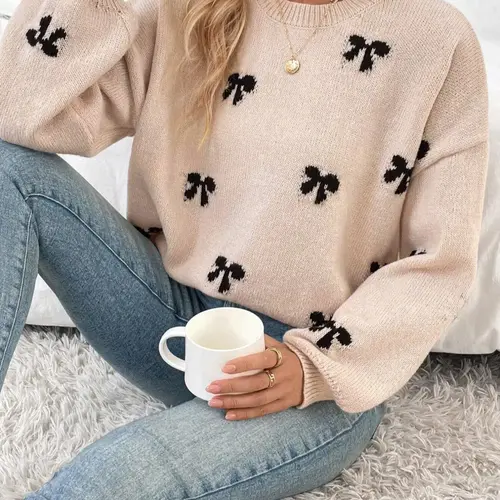 Women's Bow Pattern Drop Shoulder Drape Sweater, Casual Long Sleeve Round Neck Jumper for Fall & Winter, Fashion Ladies' Knitwear for Daily Wear, Womenswear Tops, Autumn Winter Knitted