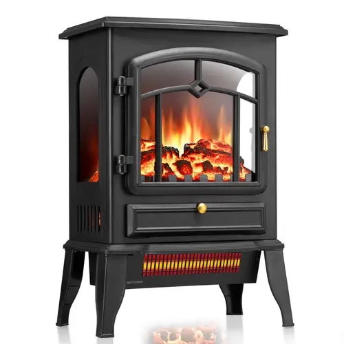 R.W.FLAME 26-in 3D Infrared Freestanding Electric Fireplace Stove Heater - 1000W/1500W, Chimneyfree, 2 Heat Modes, Thermostat, Overheat Protection, Adjustable Heating Temperature, Adjustable Flame Brightness for Family Bedroom, Living Room Indoor Use