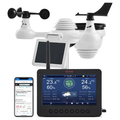VEVOR 7-in-1 Wi-Fi Weather Station with 7in TFT Digital Display, Wi-Fi Enabled Indoor-Outdoor Thermometers, Wireless Outdoor Sensor, Solar-Powered, IPX6 Waterproof, Rainfall Tracking, Aluminum Rod, Fixed Bracket, Rechargeable Batteries for House, Bedroom