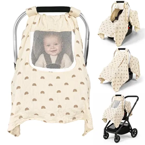 Primlect Baby Car Seat Cover - Soft Breathable Windproof Adjustable Cotton Car Accessory, Mesh Peekaboo Window, Stretchy Kick-Proof Infant Canopy, Handle, Private Ventilation, Blanket, Sun Protection, Child Seat Belt Cover, Easy to Install for Travel