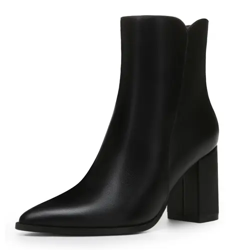Athlefit Women's Pointed Toe Chunky Block Heel Leather Ankle Boots - PU & Goat Skin, Side Zipper, Basic Casual All-Season Shoes with Heels for Women