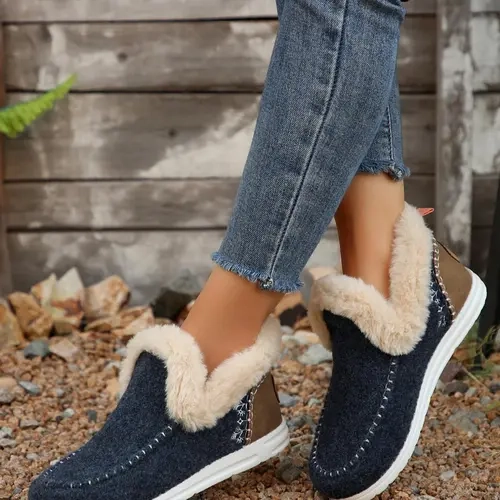 Women's Solid Color Textile Fashionable Warm Flat Shoes, Casual Comfortable Ankle Boots for Winter, Female All-match Round Toe Footwear for Daily Wear