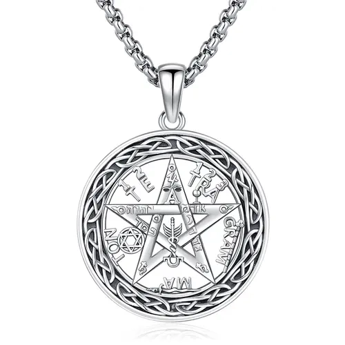 DRINSPER 925 Real Silver Circular Detailed Faith Pendant Necklace - Oxidized Celtic Knot YHWH Tetragrammaton Amulet, Unisex Adults' Protection Jewelry Gift with Cleaning Cloth (1 Pendant)