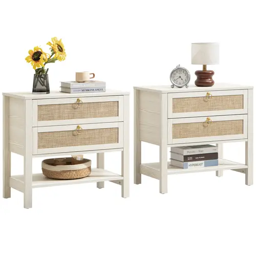 SICOTAS White Modern Stylish Bedside Table - Large Narrow End Table with Drawers, Storage Shelf, Rattan Accents, Gold Details (15.5"x26.7"x25.6"), 25.6" Tall Reach, Fits 15.5" Depth, 26.7" Narrow Fit, Easy Setup Furniture for Small Spaces