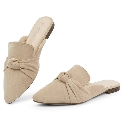 MUSSHOE Women’s Black Knot Pointed-Toe Cuban Bow Ankle Mules - Comfortable Low-Heel Slip-On Footwear for Work, Dresses, Office-Casual Business Use