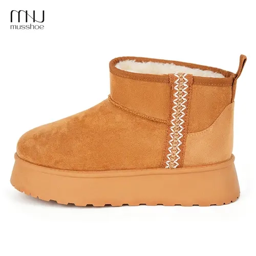 MUSSHOE Women's Classic Casual Short Ankle Platform Mini Boots - Slip-On, Platform Lift, Warm Faux Fur Fleece Lined, Memory Foam Insole, Soft Durable Suede Upper, Breathable Textured Side Shoes for Women, Party, Outdoors