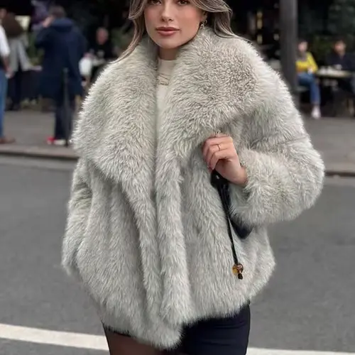 Women's Solid Color Faux Fur Fuzzy Jacket, Casual Long Sleeve Collared Fuzzy Coat for Fall & Winter, Warm Women's Clothing for Daily Wear, Everyday Cute Tops