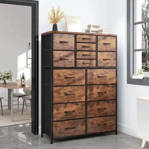 Raybee Furniture Dresser with 16 Drawers, Tall Dressers with Wood Top and Metal Frame, Large Dressers & Chest of Drawers for Bedroom, Closet, Living Room