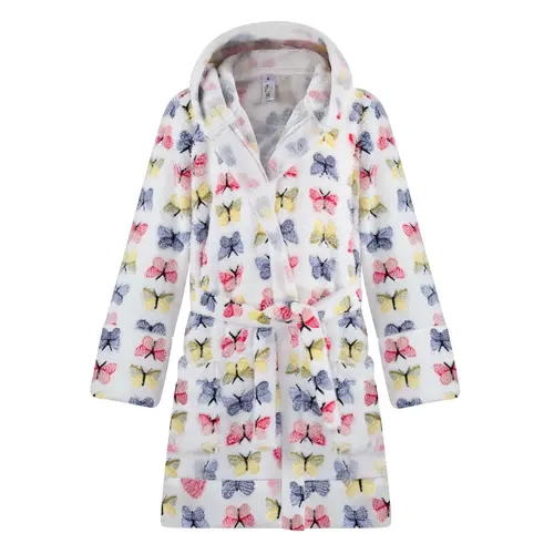 BIG ELEPHANT Girls' Long-Sleeve Polyester Hooded Robe - Soft Fleece Nightgown/Robe with Tie Belts, Glow-in-the-Dark All-Over Print, Practical Pockets, Practicality, for 6-16 Ages Including 10-11,11-12 Years