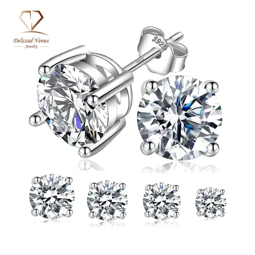 DELZZAD Minimalist Round Cut Moissanite Ear Studs - S925 Sterling Silver, Hypoallergenic Golden Earrings, D Color VVS Faceted Sparkle Synthetic Stone, Unisex, Easy to Put On & Take Off, Ideal for Engagement, Daily Use, Birthday Gifts with Jewelry Box