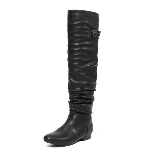 Dream Pairs Women's Black PU Leather Over-the-Knee Footwear - Faux Fur Lined Boots, Buckle Edge Detail, Back Lace-Up Hold, Slip Resistant TPR Sole, Walking Shoes for On-the-Go Days, Edgy Look