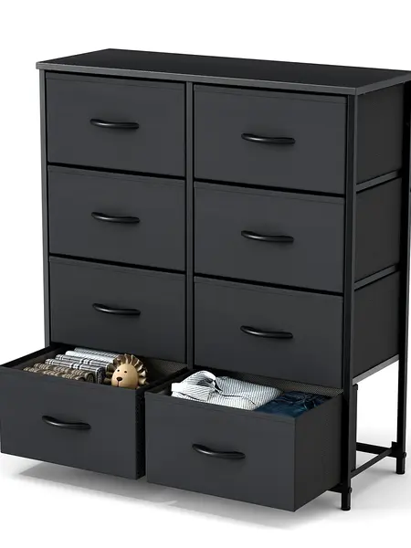 Dresser for Bedroom with 8 Fabric Drawers, Tall Chest Organizer Units for Clothing, Closet, Kidsroom, Storage Tower with Cabinet, Metal Frame, Wooden Top, Lightweight Nursery Furniture