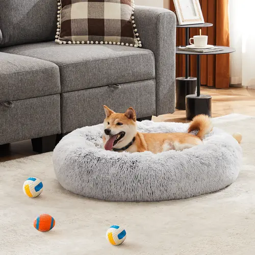 Sweetcrispy High-Quality Modern Faux Fur Dog Bed - Soft, Fluffy, Washable, Anti-Slip Round Resting Spot with High-Quality Materials, Chew Resistant for Medium-Large Dogs & All Ages Indoor Puppies, Puppy Bed