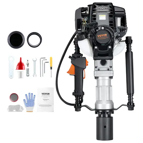 VEVOR Heavy Duty Gas-Powered T-Post Pile Driver Hardware, Industrial 37.77cc 4-Stroke Engine w/ 2 Heads, 1000W 6500 rpm Power Tool, 2 Various 55/70mm Aluminum Alloy Hammerhead Sleeves, 1.6 Nm, Oil Supply Hose, Shock-Absorb Portable for Farm Ranch Fencing