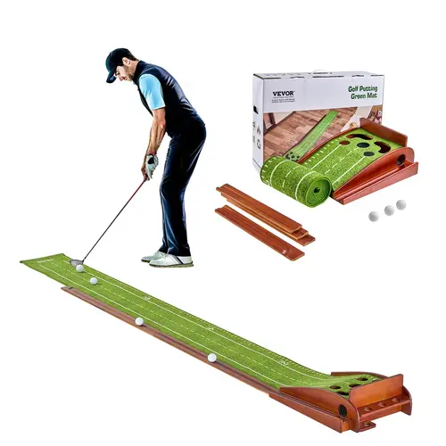 VEVOR Golf Putting Mat - 5-Hole Indoor Putting Green, Wrinkle-Free Training Aid with Auto-Ball Return, Alignment Guide, 3 Balls, Wood Base, Ideal for Home, Office, Balcony, Gift for All Ages, Children, Golf Gift Sets, Practice Equipment