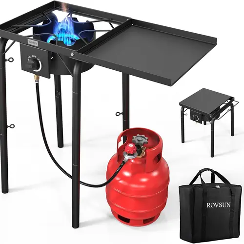 ROVSUN 100000 BTU Cast Iron Single Burner Propane Gas Stove - Outdoor Cooking Station, CSA Listed Regulator, Side Shelves, Carrying Bag, Windproof, Adjustable Fire, Removable Legs, Universal Pot Fit for Camping, Parties, Fishing, Home Brewing