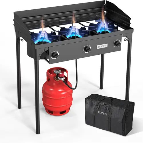 ROVSUN Compact Outdoor Cooking Station - 2/3-Burner High-Pressure Propane Gas Camp Stove, 225000 BTU Cast Iron Tools, CSA-Listed Regulator, Adjustable Firepower, Windproof Panels, Carrying Bag for Camping, Fishing, Tailgates