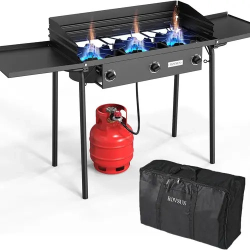 ROVSUN Portable Gas Stove - High-Pressure Triple Burner Cast Iron Propane Stove with 225000BTU, 0-20 psi Adjustable Firepower, Wind Panel, Side Shelves, CSA-Listed Regulator, Extra Carrying Bag for Camping, Fishing