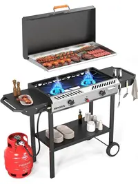 ROVSUN 2/3 Burner Outdoor Propane Gas Stove with Griddle, Auto-ignition, Regulator & Side Shelves, 150,000/225,000  BTU Powerful Stand Cooker for Backyard Cooking Home Brewing Canning Frying Grilling