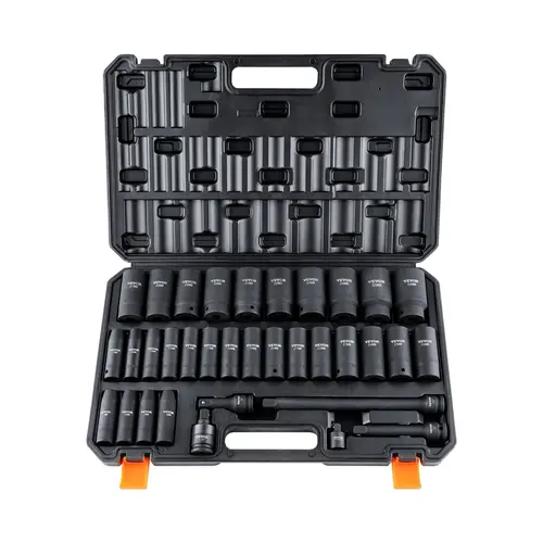 VEVOR Impact Grade 34pc Cr-Mo - 1/2 Chromium-Molybdenum Steel Metric 8-36mm 6-Point Socket Combination Tool Kit Set, Tool Box Included, Abundant Components, for Auto Repair & Rugged Construction, Prevents Bolt Rounding
