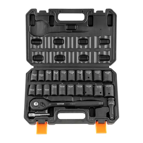 VEVOR 23-Piece 1/2"-Drive Heavy Duty Wrench Set, 6-Point Cr-V Alloy Steel Impact Grade Hand Tools with 72-Tooth Ratchet Handle, Laser Etched Markings, SAE 7/16"-1" & Metric 13-24mm High Torque Tool, Rugged Storage Case for Auto Repair