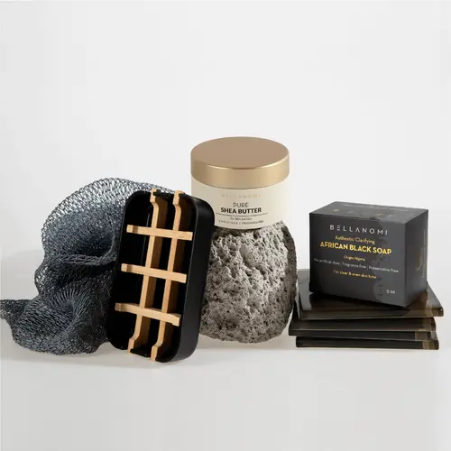 Bellanomi Exfoliate + Nourish Set – Black Soap, Soap Dish, Shea Butter and Exfoliating Net Sponge