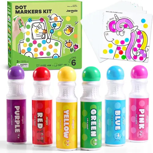 Jar Melo Washable Jumbo Dot Markers Set - 6-Color, 2.1 fl. oz. (60ML) Easy-Grip, 90% Washable, for Toddlers Ages 2+,3-4 Years, Includes 10 Physical Activity Papers & 108 PDF Coloring Books, Kids' Arts & Crafts Gift, Washable 90%