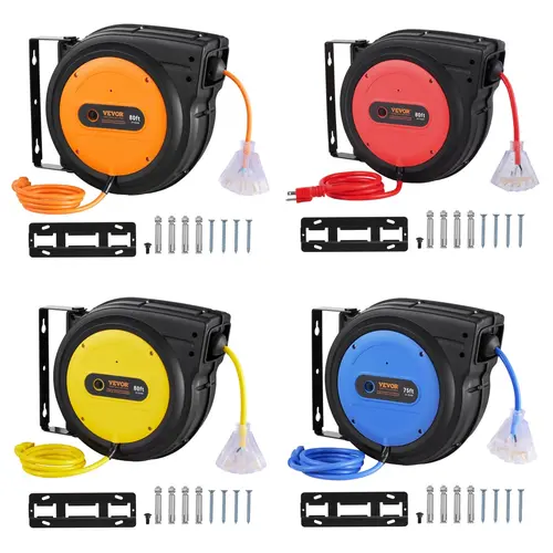 VEVOR Automatic Retractable Extension Cord Reel - 80FT Heavy-Duty Heavy Wire 12/14/16 AWG/3C SJTOW, LED Lighted, 3-Tap Power Outlets, 10/13/15A Circuit Breaker, 15A Overload Stop, 180° Swivel Access Bracket, Transparent Cable Management for Ceilings