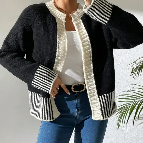 Women's Striped Print Contrast Binding Raglan Sleeve Round Neck Fitted Cardigan, Casual Long Sleeve Open Front Knitwear for Fall & Winter, Fashion Women's Knit Clothing for Daily Wear, Knitted Top, Tops