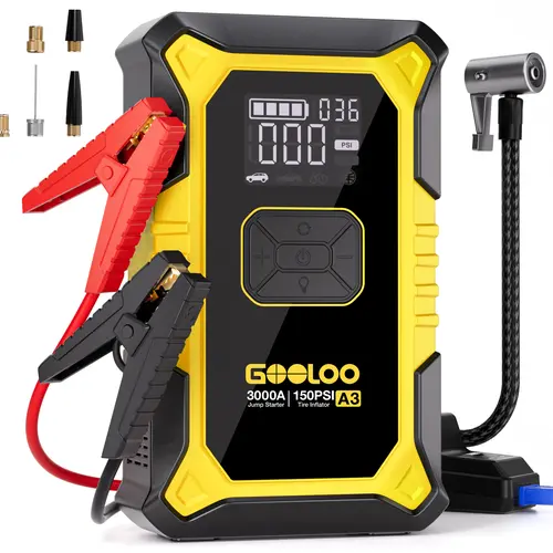 GOOLOO A3 Yellow Durable Automotive Compact Jump Starter with 3000A Power Air Compressor, Car Battery Booster (9.0L Gas Engines), 150PSI Auto-Shutoff Tire Inflator, Car Accessories for Batteries, Father's Day Gift